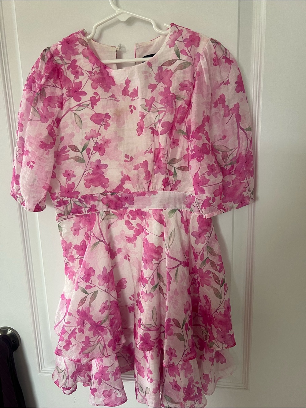 Bardot White Dress with Pink Floral Puff Sleeves